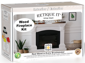 Retique It Fireplace Wood'n Finish Kit in White Wash stain showing the full fireplace with a natural wood finish appearance.