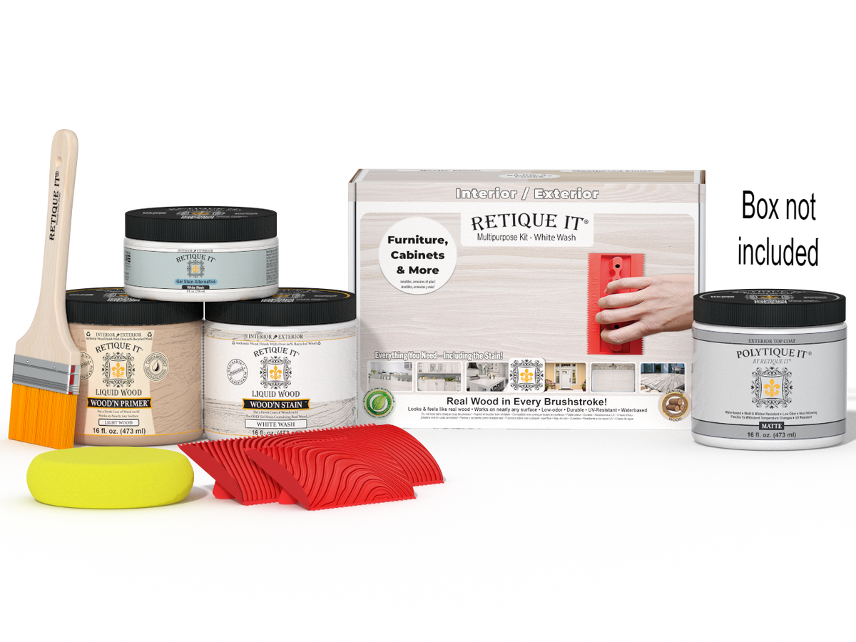 Retique It Wood'n Finish Kit in white wash for exterior wood projects, includes top coat and application tools in a portable box.
