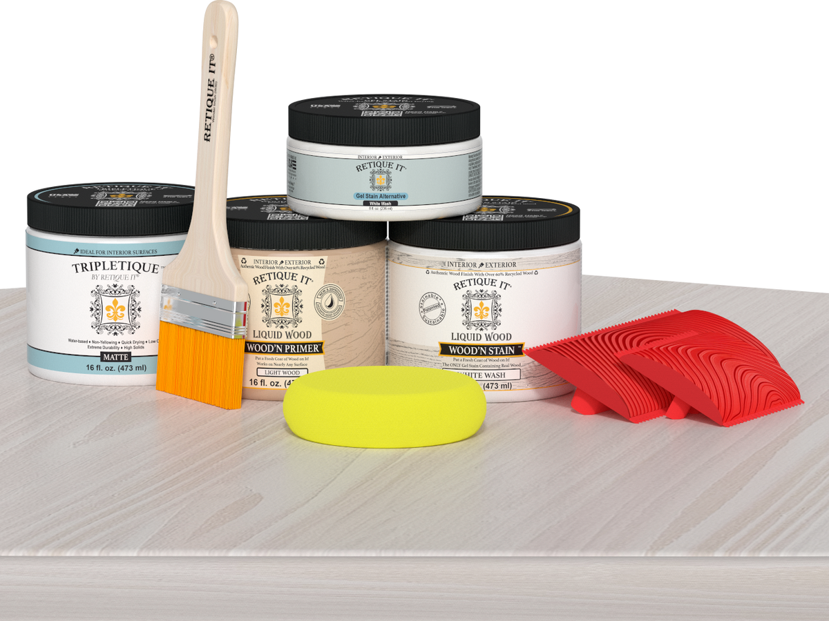 Retique It Wood'n Finish Kit in White Wash for interior use, featuring a multi-purpose wood top coat on a tabletop.