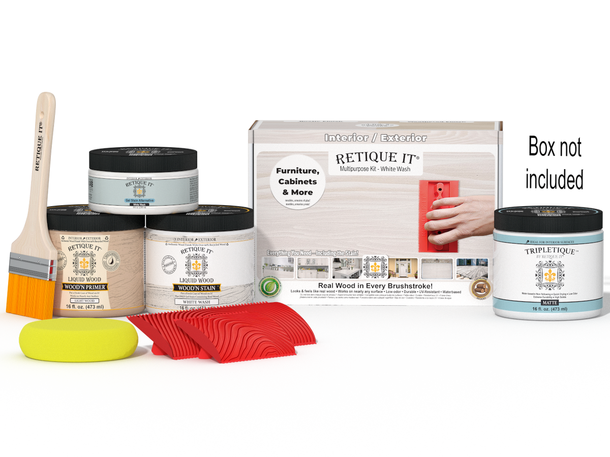Retique It Wood'n Kit (Med) in White Wash finish, interior top coat for wood furniture and surfaces, with applicator brush and supplies.