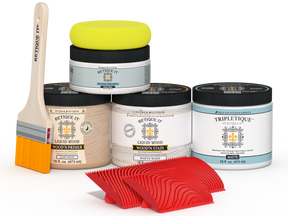 Retique It® Wood'n Finish Kit in White Wash for tabletops, featuring stain bottles and application tools for wood finishing.