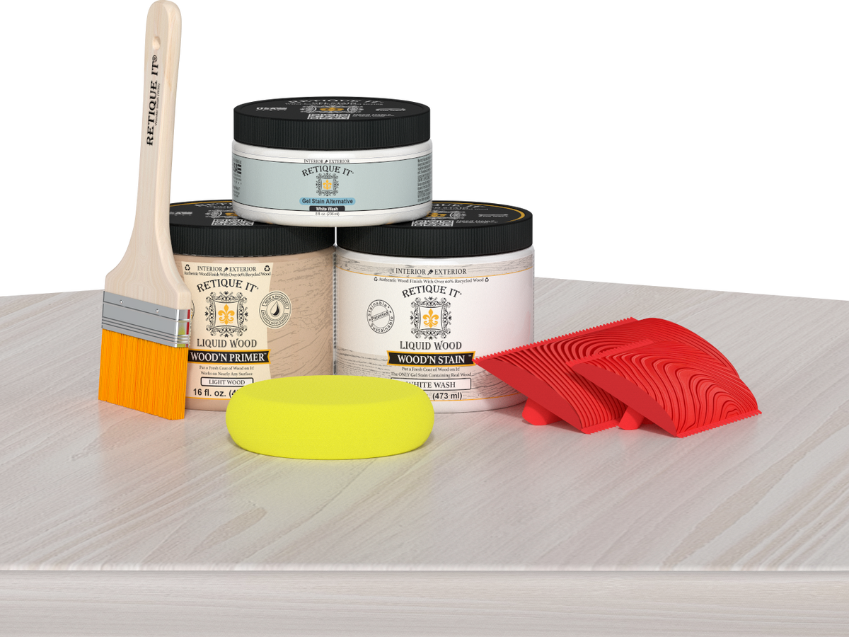 Retique It® Fireplace Wood'n Finish Kit in White Wash, stain set for full fireplace wood finishing, shown on table.