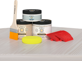 Retique It Fireplace Wood'n Finish Kit in White Wash, stain set for full fireplace wood finishing, shown on table.