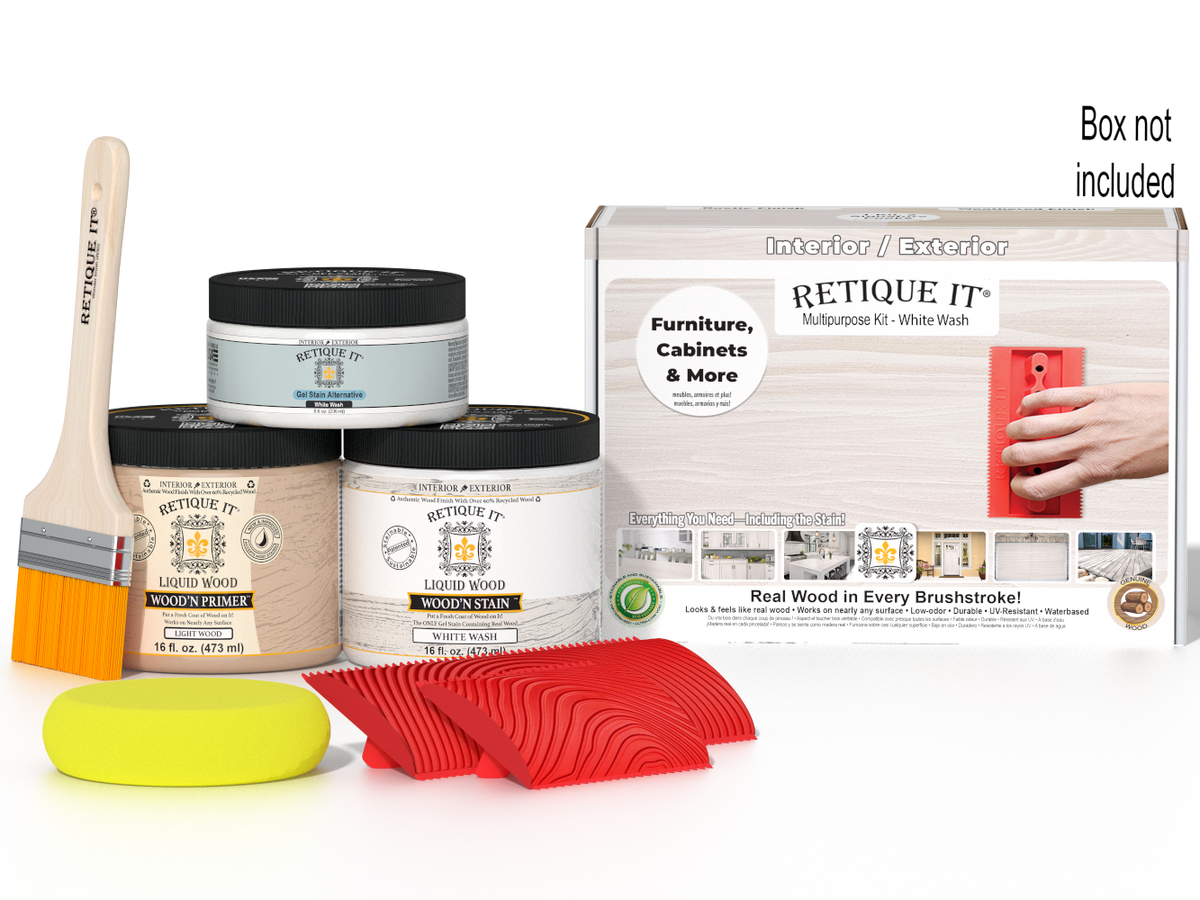 Retique It Wood'n Finish Kit in White Wash, medium-sized multi-purpose kit for wood finishing projects, includes applicator tools.