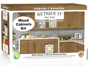Retique It® Wood'n Cabinet Kit with 12 barn wood grain stained cabinet doors, ideal for a rustic kitchen or bathroom renovation.
