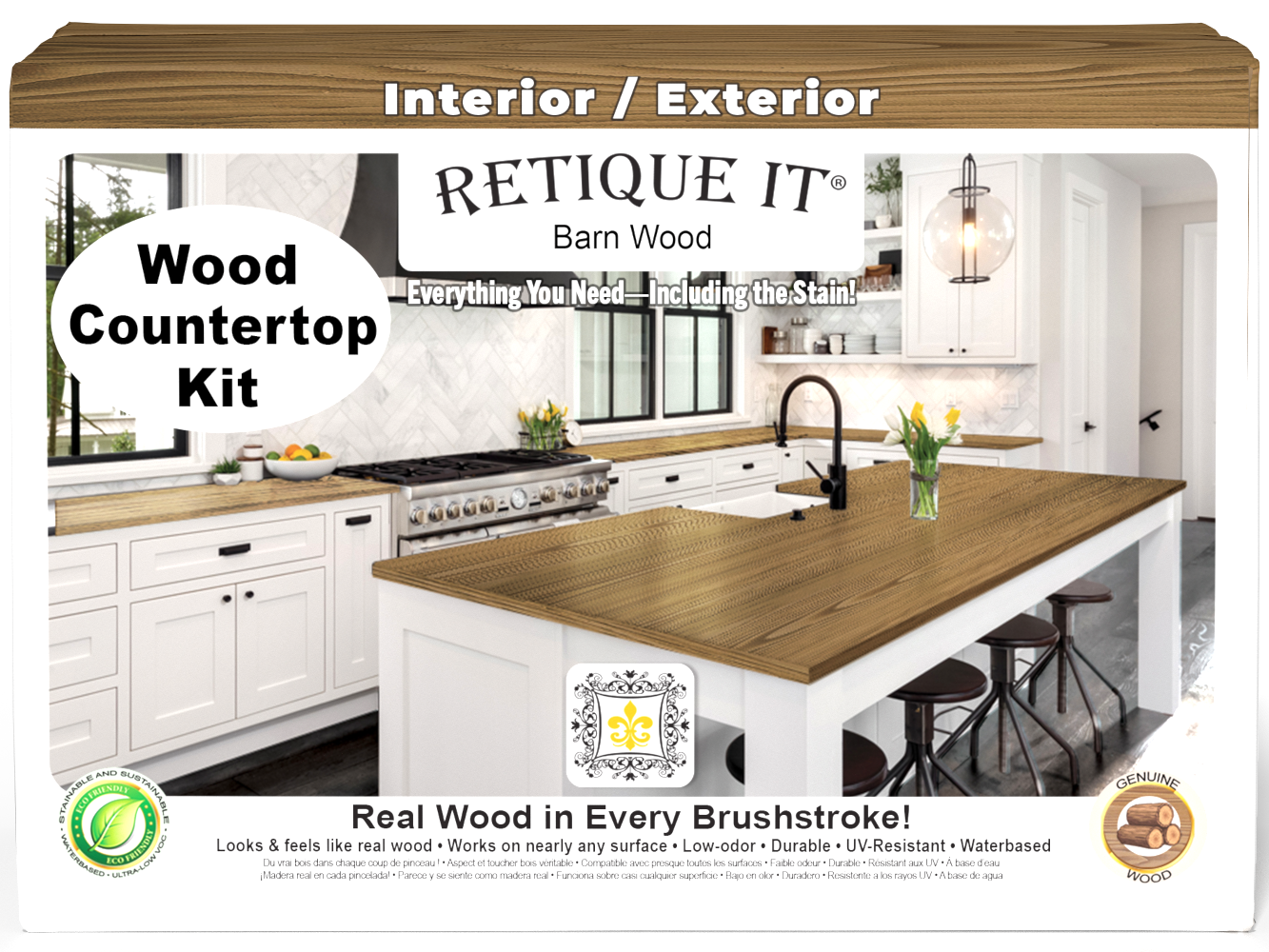 Retique It® barn wood countertop kit featuring stain options for full kitchen renovation, shown in front view.