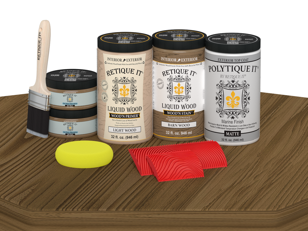 Retique It Wood'n Finish front door kit in barn wood stain, matte finish, with double door panels displayed on a table.