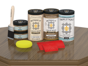 Retique It® Barn Wood stain countertop kit for full kitchen renovation, shown on a prepared wooden surface.