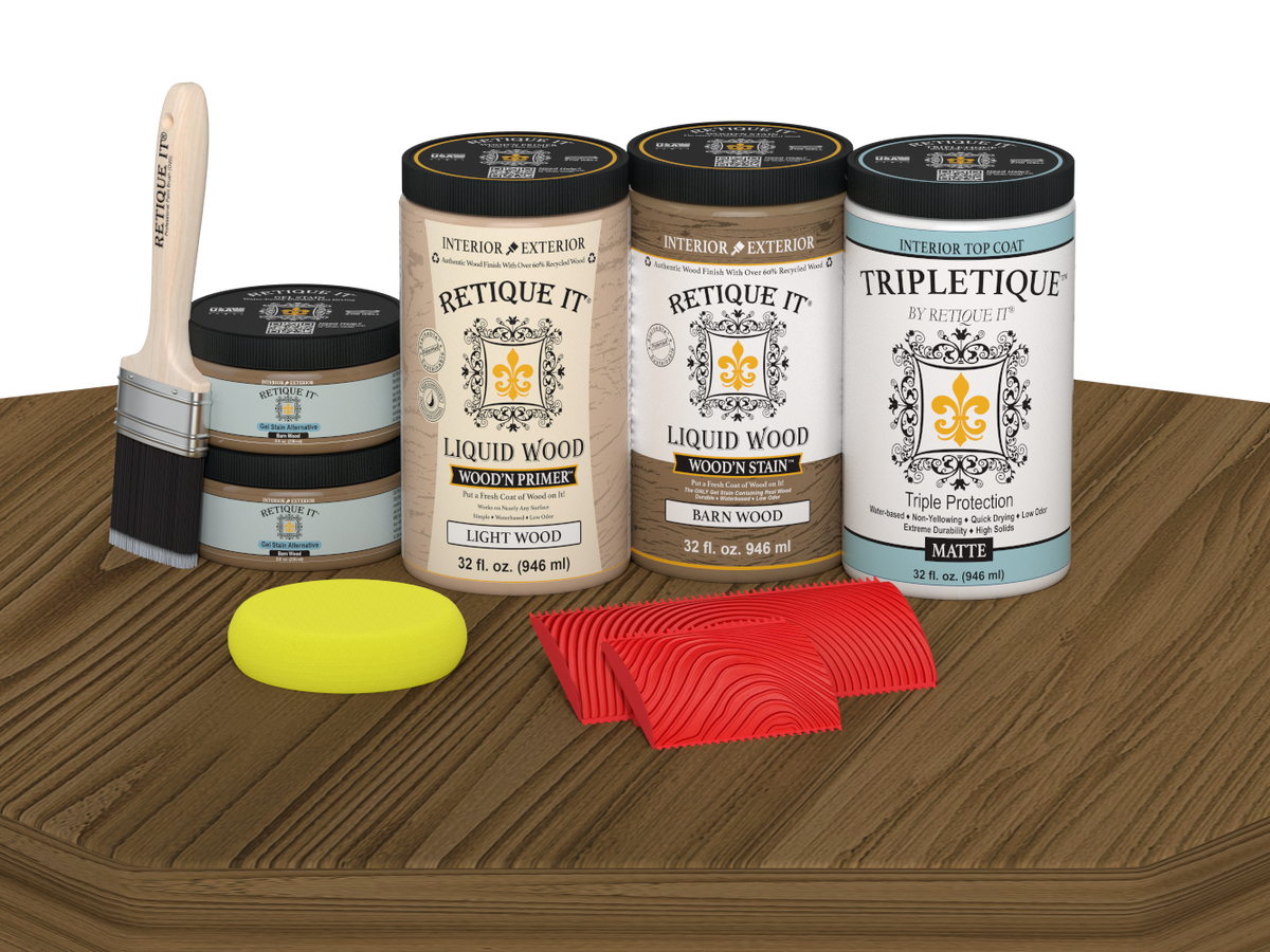 Retique It Wood'n Finish Kit with four large barn wood stain bottles on a table, featuring matte finish for wood projects.