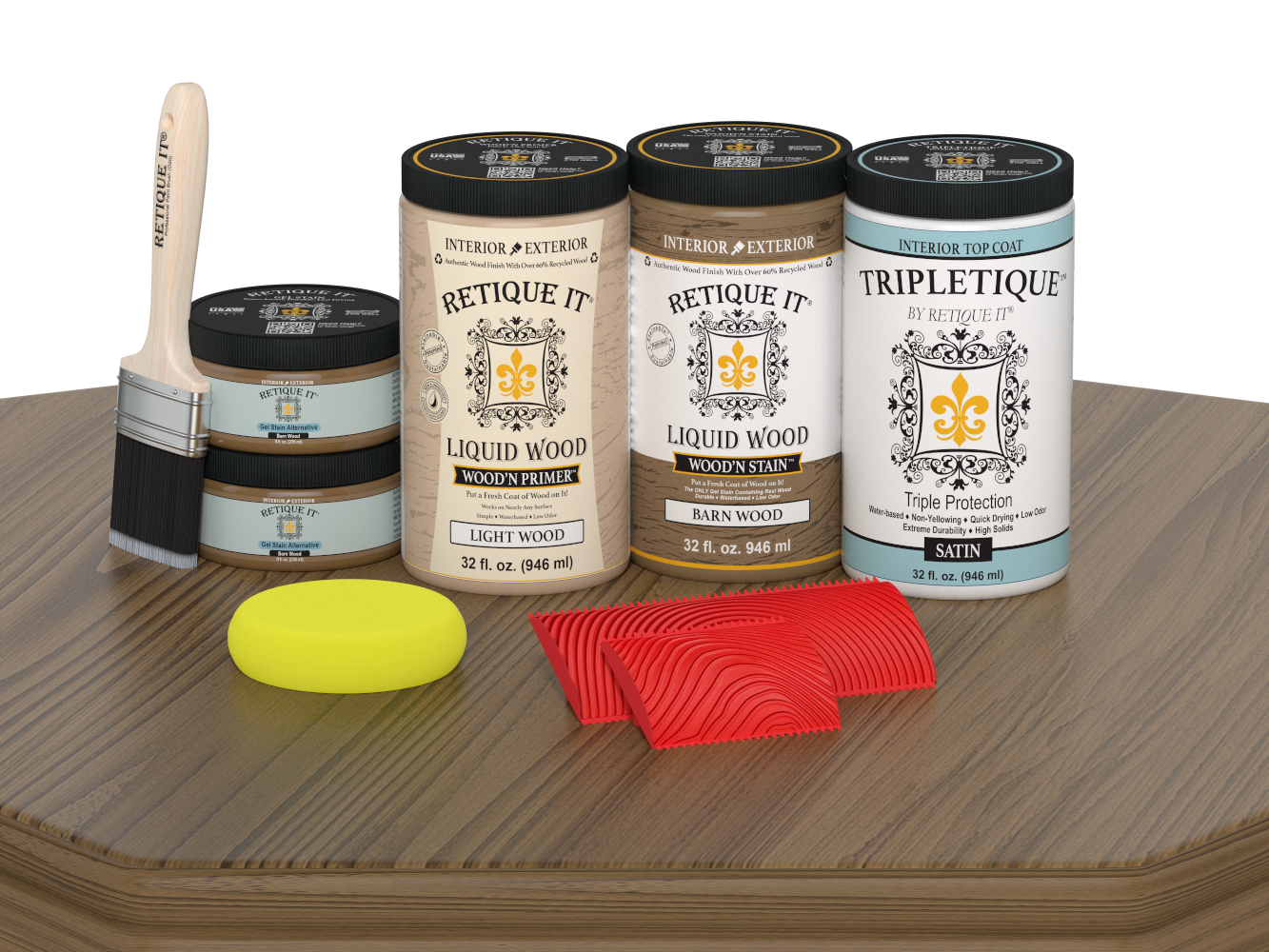 Retique It® barn wood countertop kit with satin stain finish, showing a full kitchen setup with wood-textured surfaces.