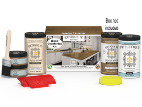 Retique It® barn wood stained countertop kit with full kitchen setup, showcasing a rustic wood finish on a polished surface.