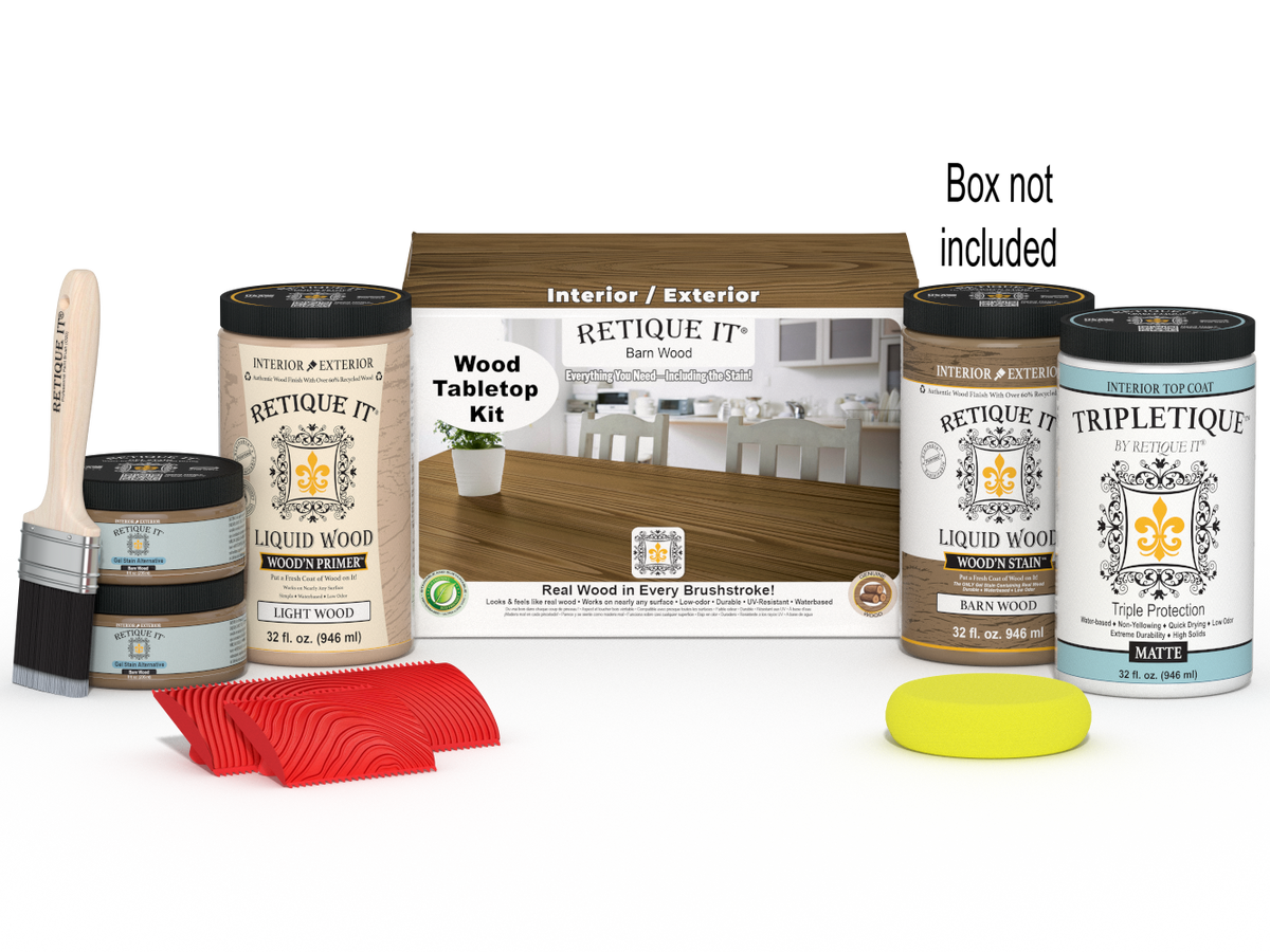 Retique It Wood'n Finish Kit with four large barn wood stains for tabletops, shown with open box and stain samples.