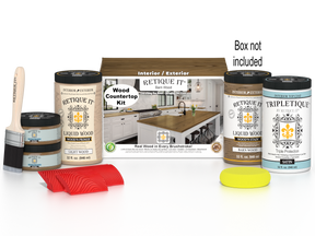 Retique It® barn wood stain countertop kit for full kitchen installation, shown with packaging and sample wood finish.