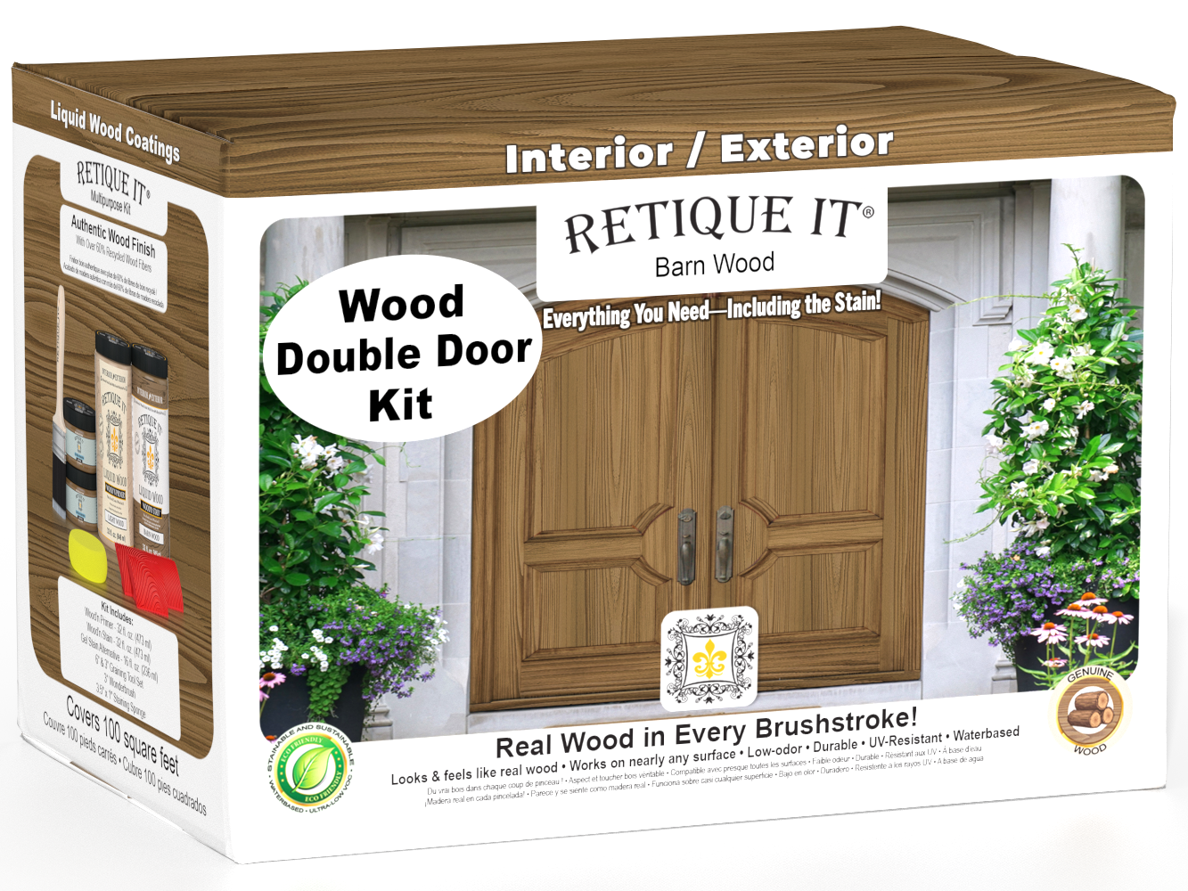 Retique It Barn Wood double-door refinishing kit packaging showing the finished project.