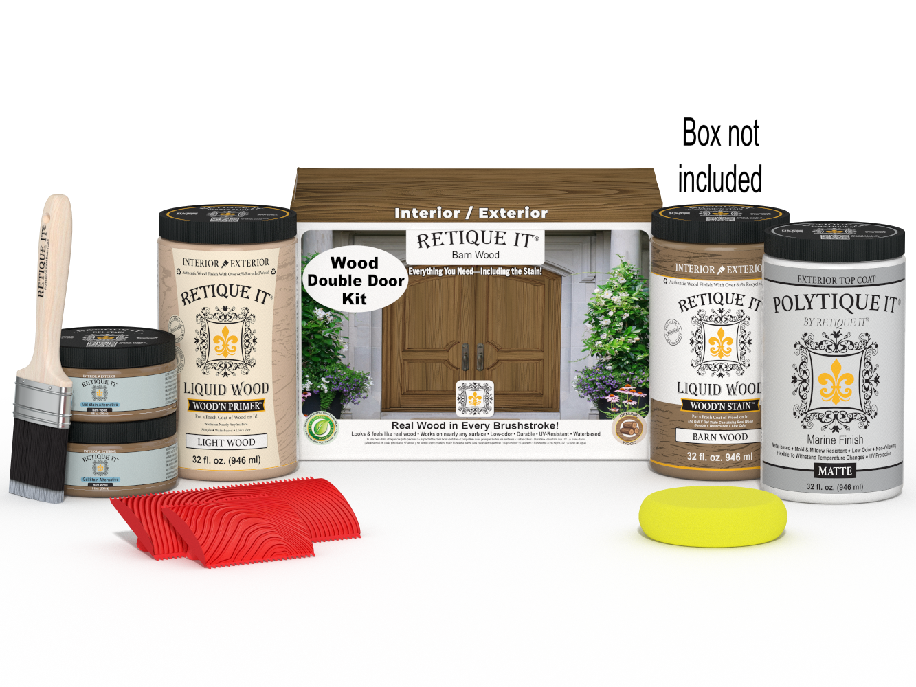 Retique It Barn Wood double-door refinishing kit with product containers, brush, graining tools, and sponge.