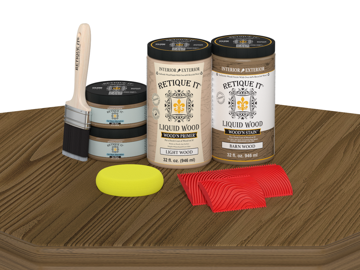Retique It Wood'n Cabinet Kit with 12 barn wood-grained stain doors displayed on a table. Natural wood textured finish.