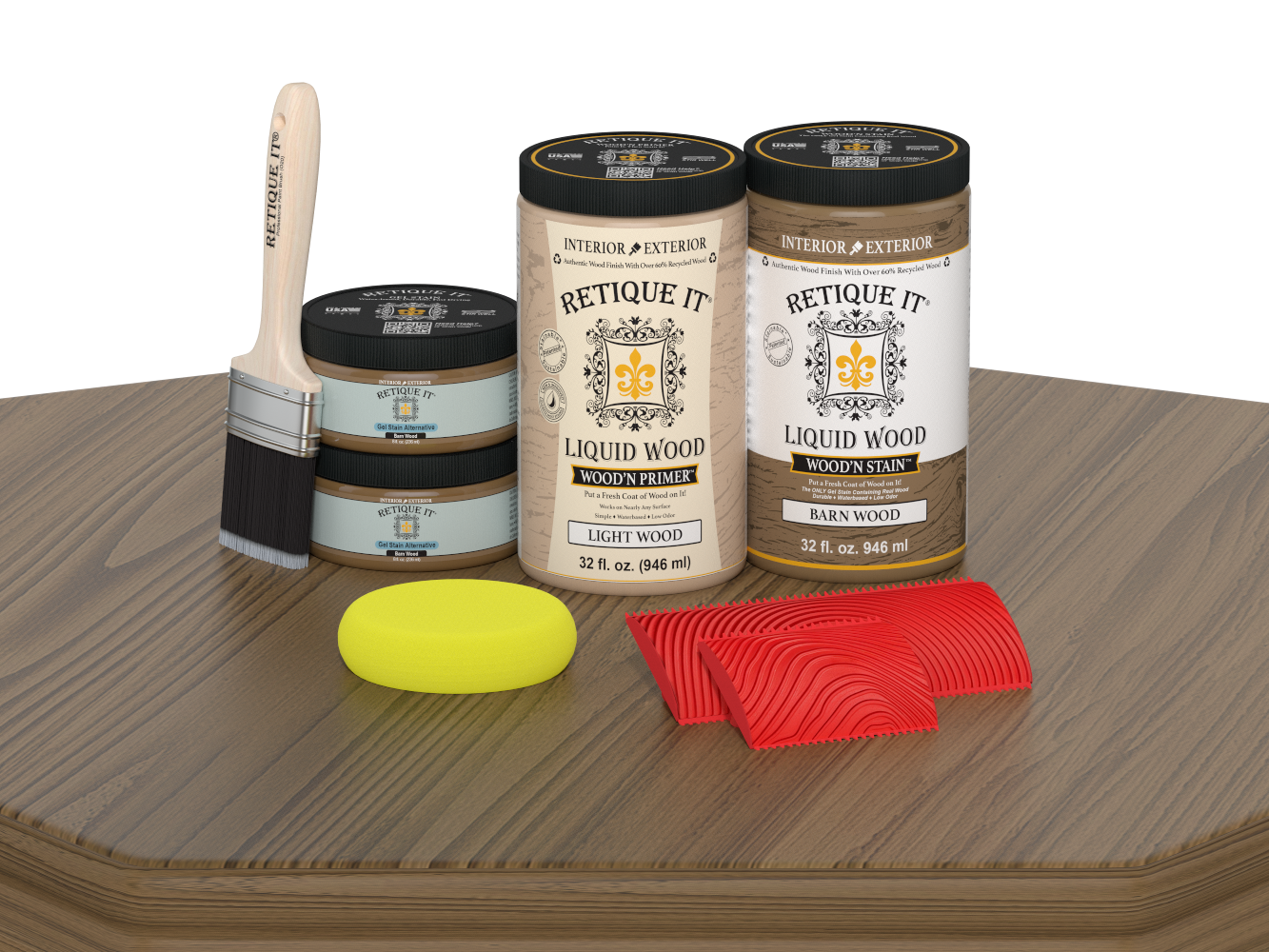 Retique It® Wood'n Finish Kit with four large barn wood stains, featuring wood grain patterns and finish applications.