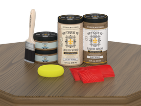 Retique It® Wood'n Finish Kit with four large barn wood stains, featuring wood grain patterns and finish applications.