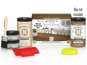 Retique It® Wood'n Finish Kit for tabletops, includes four large barn wood stain bottles, with a box showing the product.
