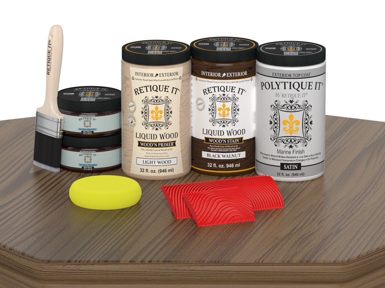 Large Black Walnut Wood'n Finish Kit by Retique It® with satin exterior top coat and application palette.