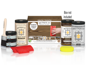 Large Black Walnut Wood'n Finish Kit by Retique It® with exterior top coat, includes wood finishing tools and supplies in a box.