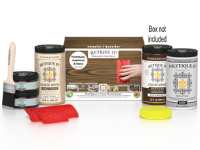 Large Black Walnut Wood'n Finish Kit by Retique It® with exterior top coat and application tools in a box.