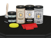 Large Black Wood'n Finish Kit from Retique It with exterior top coat, includes matte wood finish products in a sturdy plate container.