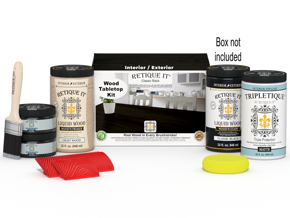Retique It Wood'n Finish Kit tabletop stains in classic black, featuring four large stain bottles for wood finishing projects.