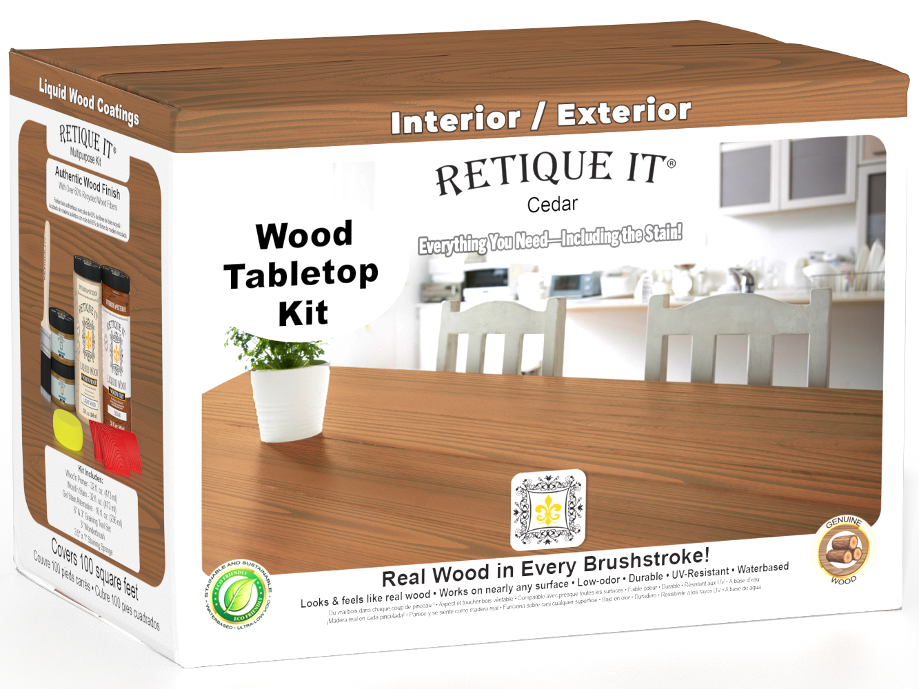 Retique It® Wood'n Finish Kit in cedar, four large stain bottles for tabletop wood finishing and refinishing projects.