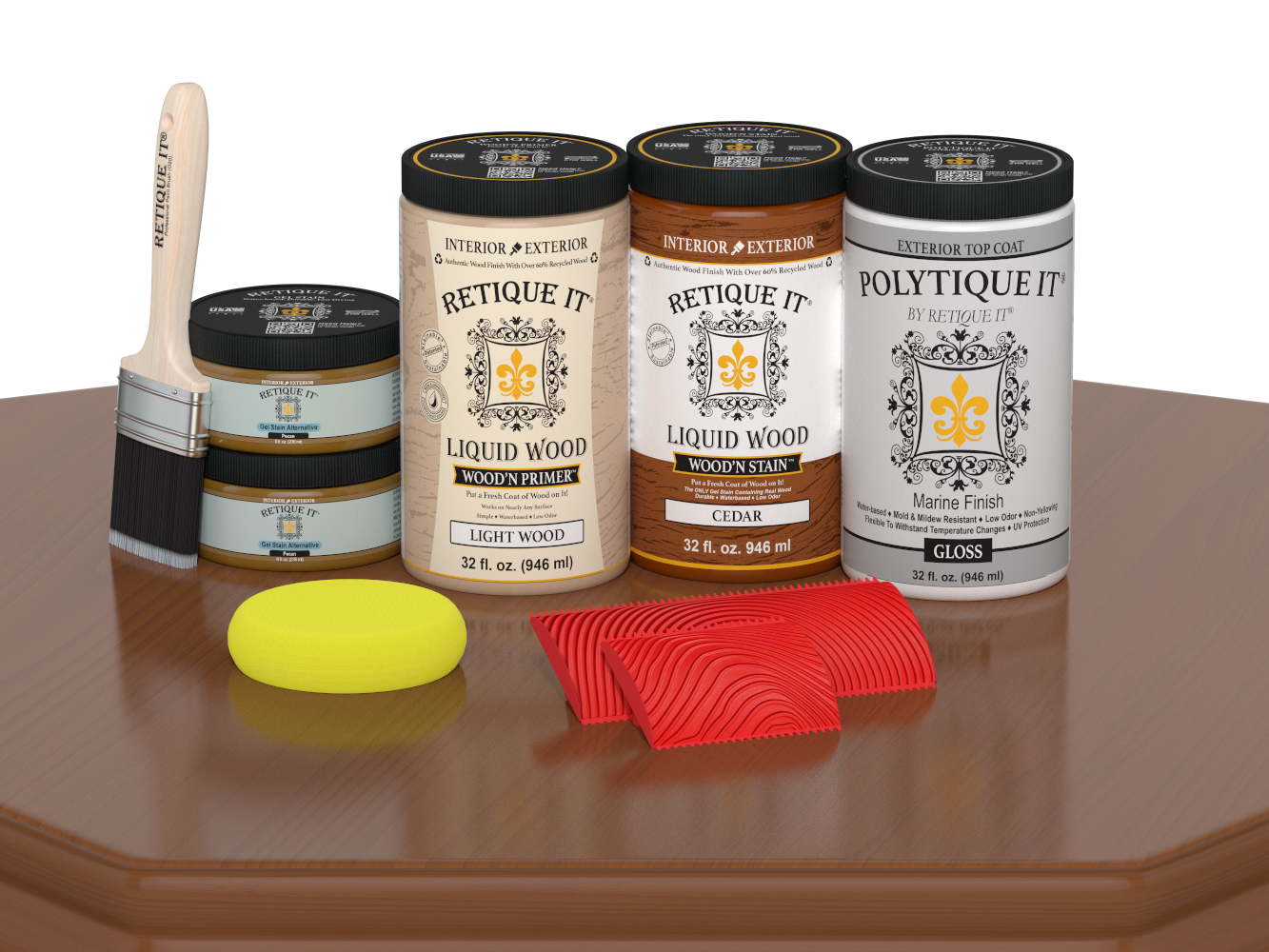 Large Cedar Wood'n Finish Kit by Retique It® with exterior top coat, featuring wood stain in a packaging plate.