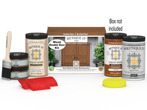 Retique It Wood'n Finish Cedar double front door kit with stain, shown with packaging and hardware for a stylish entrance.