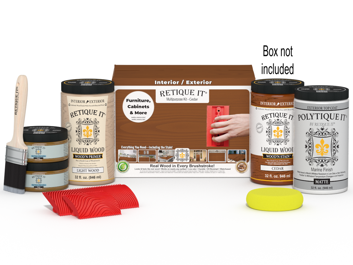 Large Cedar Wood'n Finish Kit by Retique It® with exterior top coat, includes wood treatment products and applicator tools.
