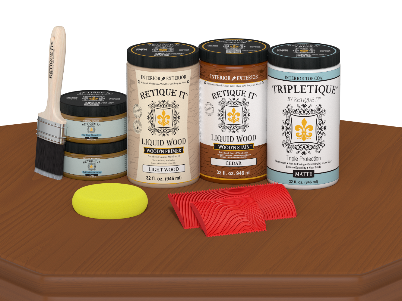 Large Cedar Wood'n Finish Kit by Retique It® for interior top coat, featuring wood samples and application tools in a kit.