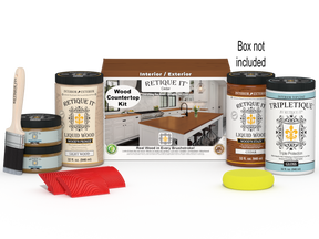 Retique It® Cedar countertop kit with stains, showcasing a full kitchen countertop in natural wood finish.