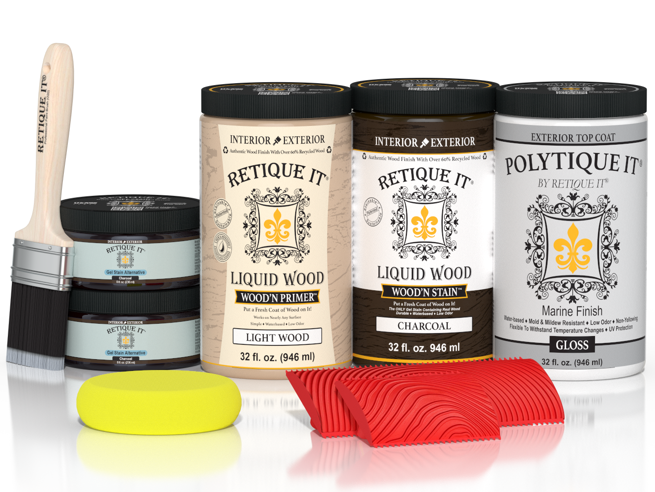 Large Charcoal Wood'n Finish Kit by Retique It® with exterior top coat, includes wood stain and gloss finish for outdoor projects.