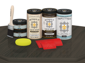 Retique It® charcoal countertop kit showing a glossy kitchen countertop with a full staining and finishing process.