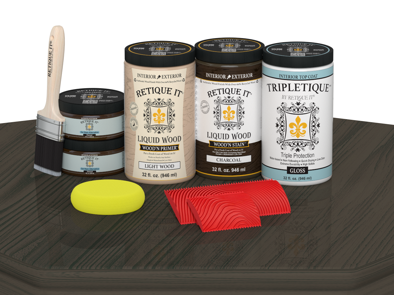 Retique It® Wood'n Cabinet Kit with 12 grained charcoal stain doors, glossy finish, displayed on a table.