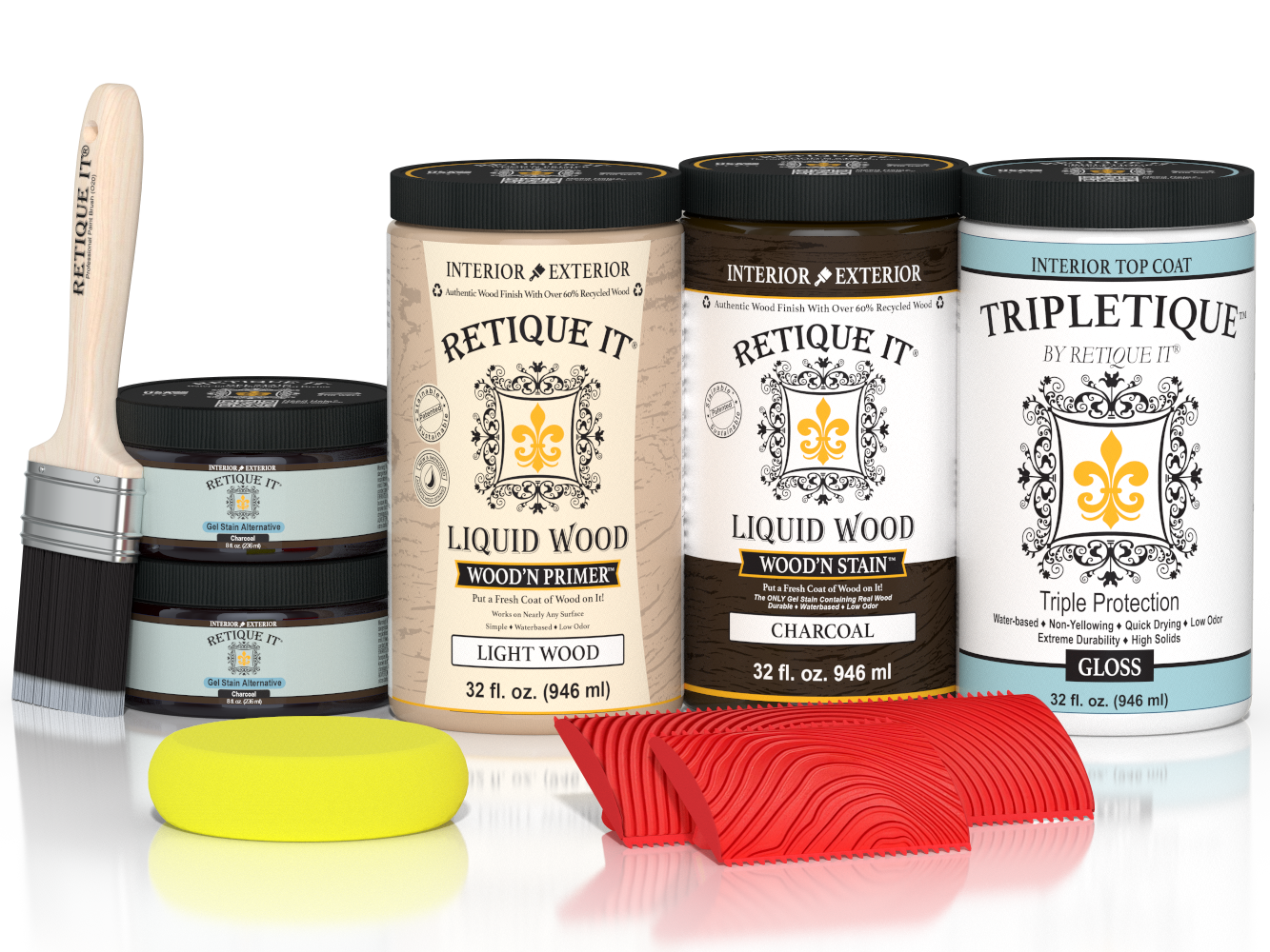 Large Charcoal Wood'n Finish Kit by Retique It® for interior top coat, featuring applicator brush and wood finish products.