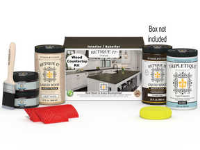 Retique It® charcoal countertop kit with stains, complete full kitchen setup, shown with box and application tools.