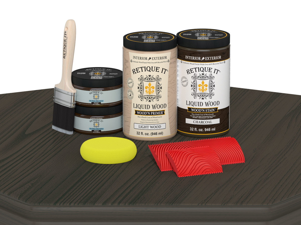 Retique It® Wood'n Cabinet Kit with 12 charcoal-grained door stains displayed on a table, showcasing natural wood finish.