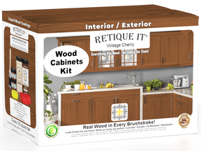 Retique It® Wood'n Cabinet Kit with vintage cherry stain, featuring 12 grained cabinet doors for a stylish kitchen upgrade.