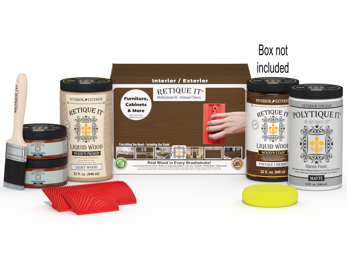 Large Vintage Cherry Wood'n Finish Kit by Retique It with exterior top coat in a wooden box, for multi-purpose wood finishing projects.