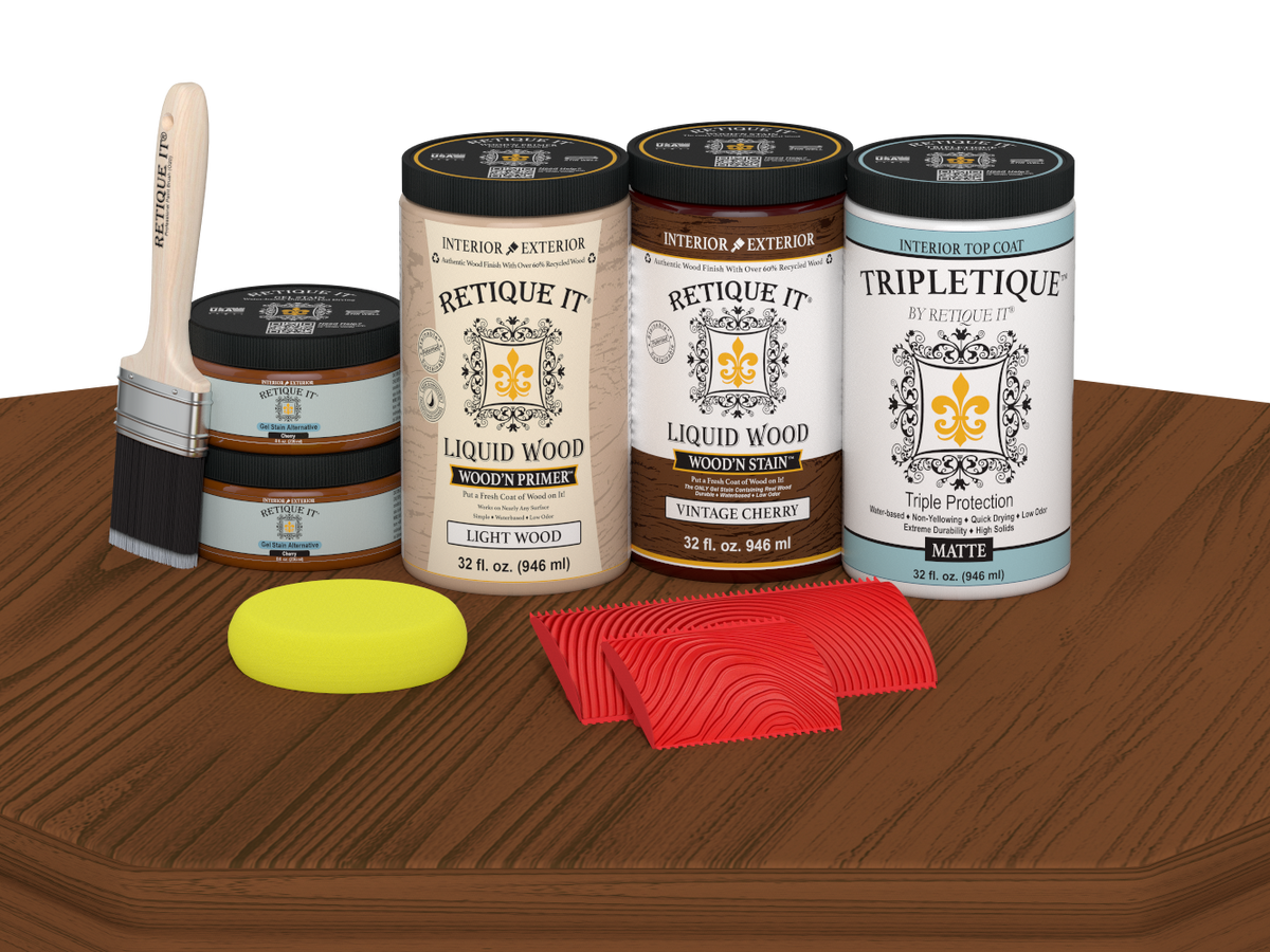 Retique It Wood'n Finish Kit with four vintage cherry stain bottles, matte finish, designed for tabletop wood projects.