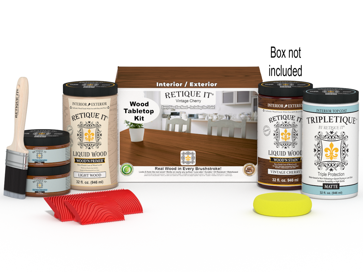 Retique It Wood'n Finish Kit for tabletops, Vintage Cherry stain, includes four large stain bottles with a box and application tools.