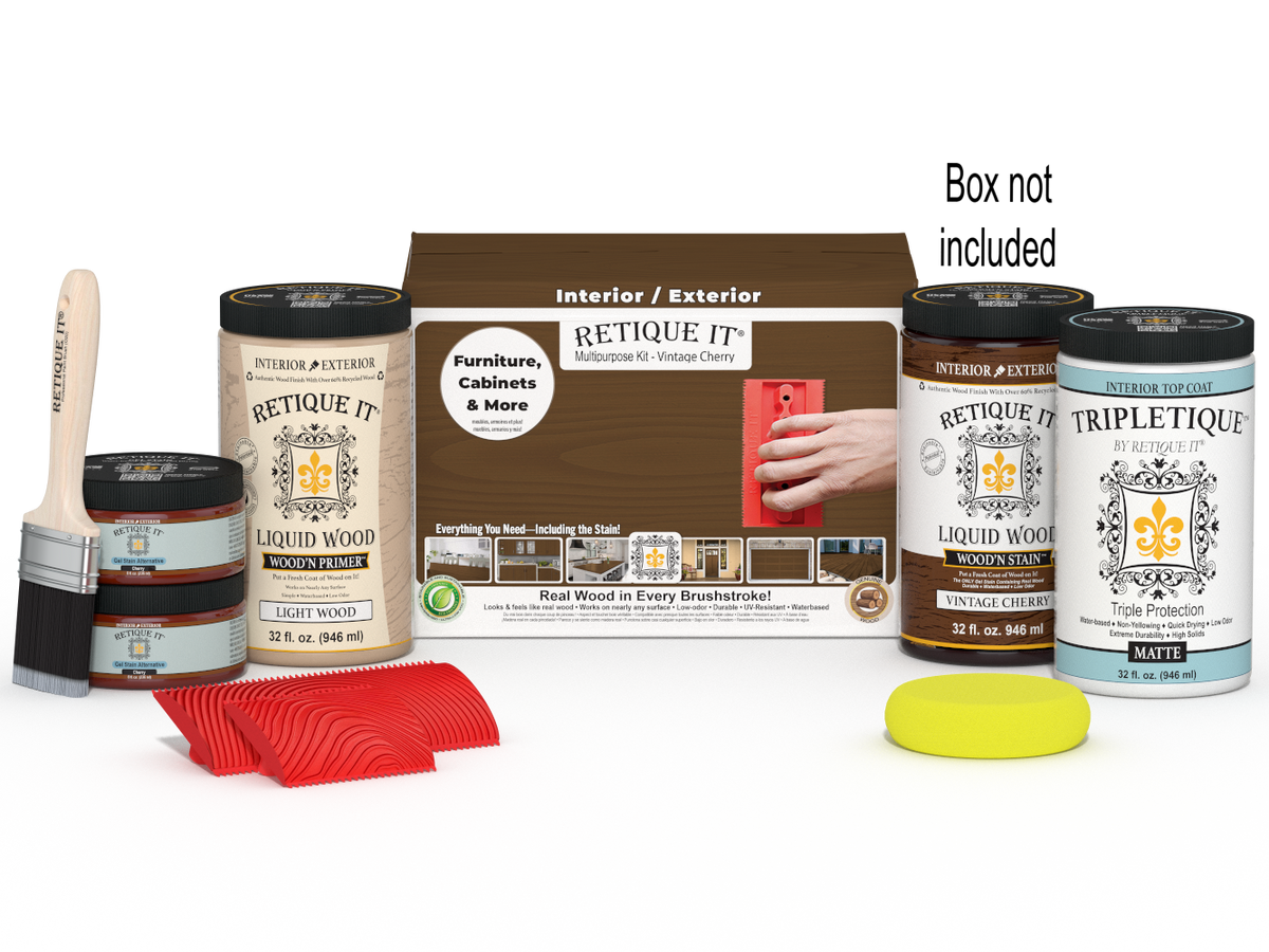 Large Vintage Cherry Wood'n Finish Kit by Retique It with interior top coat and packaging for multi-purpose wood finishing projects.