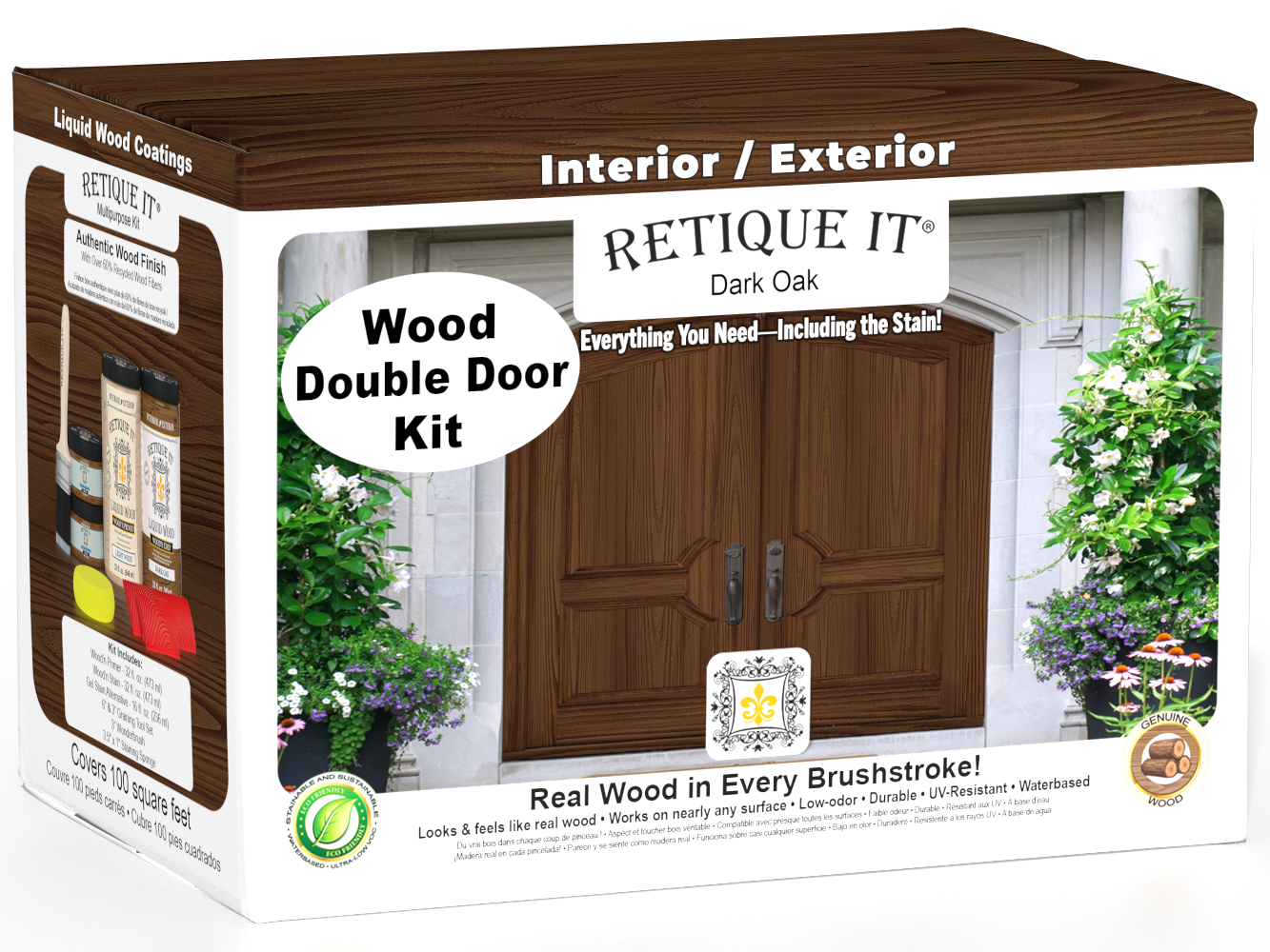 Retique It® Wood'n Finish Double Front Door Kit in Dark Oak stain, showing the finished double door with wood grain details.