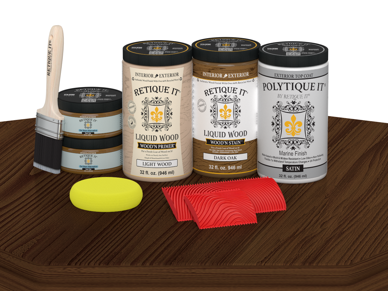 Retique It® Wood'n Finish double front door kit in Dark Oak stain with satin finish, shown on a table.