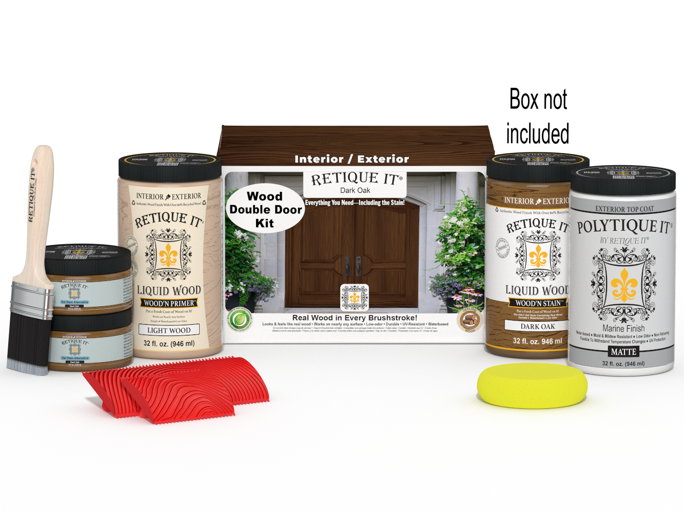 Retique It® Wood'n Finish Double Front Door Kit in Dark Oak stain with natural wood grain and hardware details.