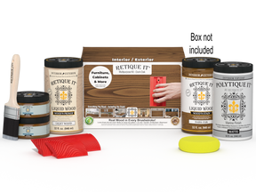 Large Dark Oak Wood'n Finish Kit by Retique It® with exterior top coat, includes wood finish and accessories in a green box.