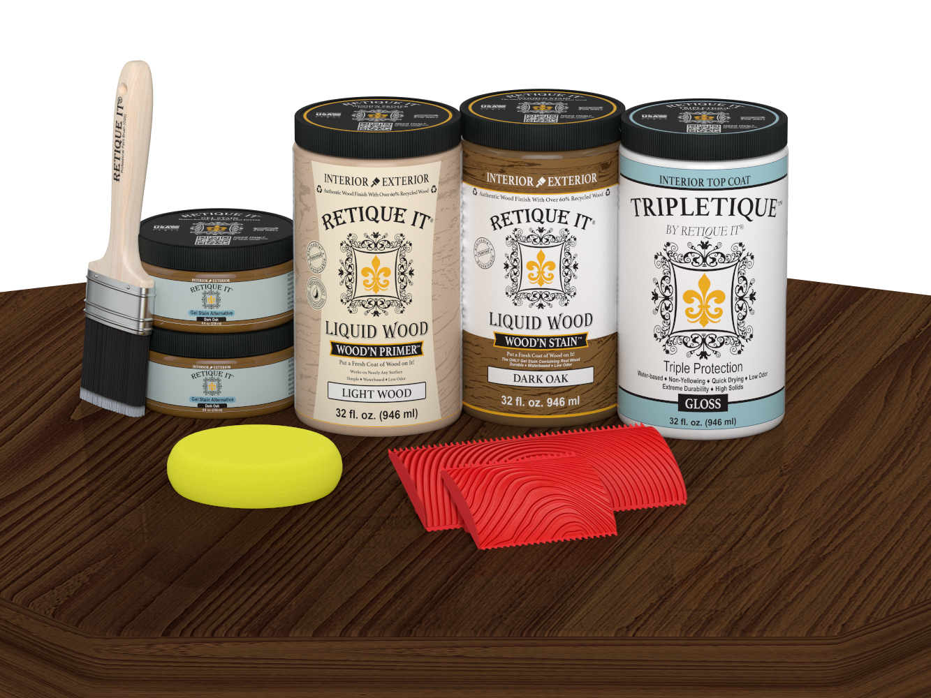 Dark oak Wood'n Cabinet Kit by Retique It® with 12 grained stain doors, glossy finish, shown on a table.